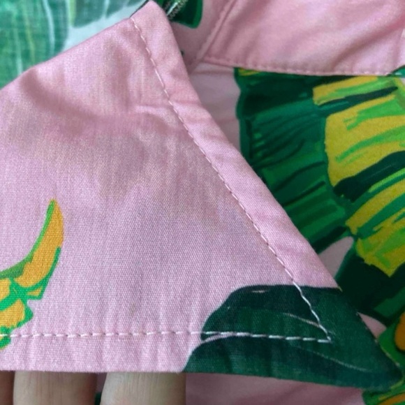 Cotton Leaf Tropical Print Pink Green Oversized Shirt Lantern Sleeve Button - Picture 9 of 10